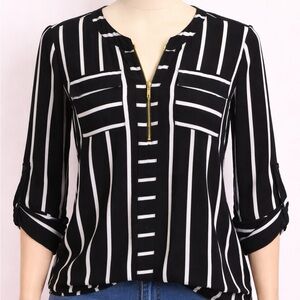 Express Black and White Vertical-Strip Zip Blouse